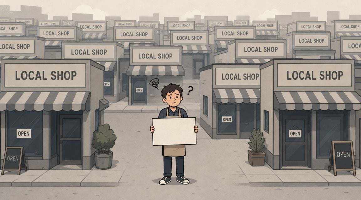 A confused business owner standing in a crowded market holding a blank sign needing unique value proposition.