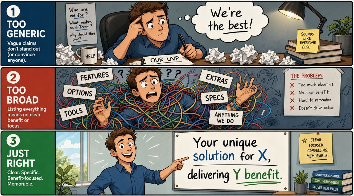 An infographic showing three steps to creating a better unique value proposition for a business.