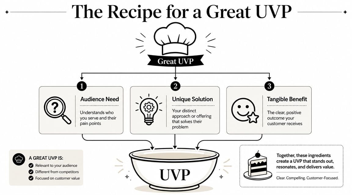 An infographic titled The Recipe for a Great UVP showing three key ingredients: Audience Need, Unique Solution, and Tangible Benefit.