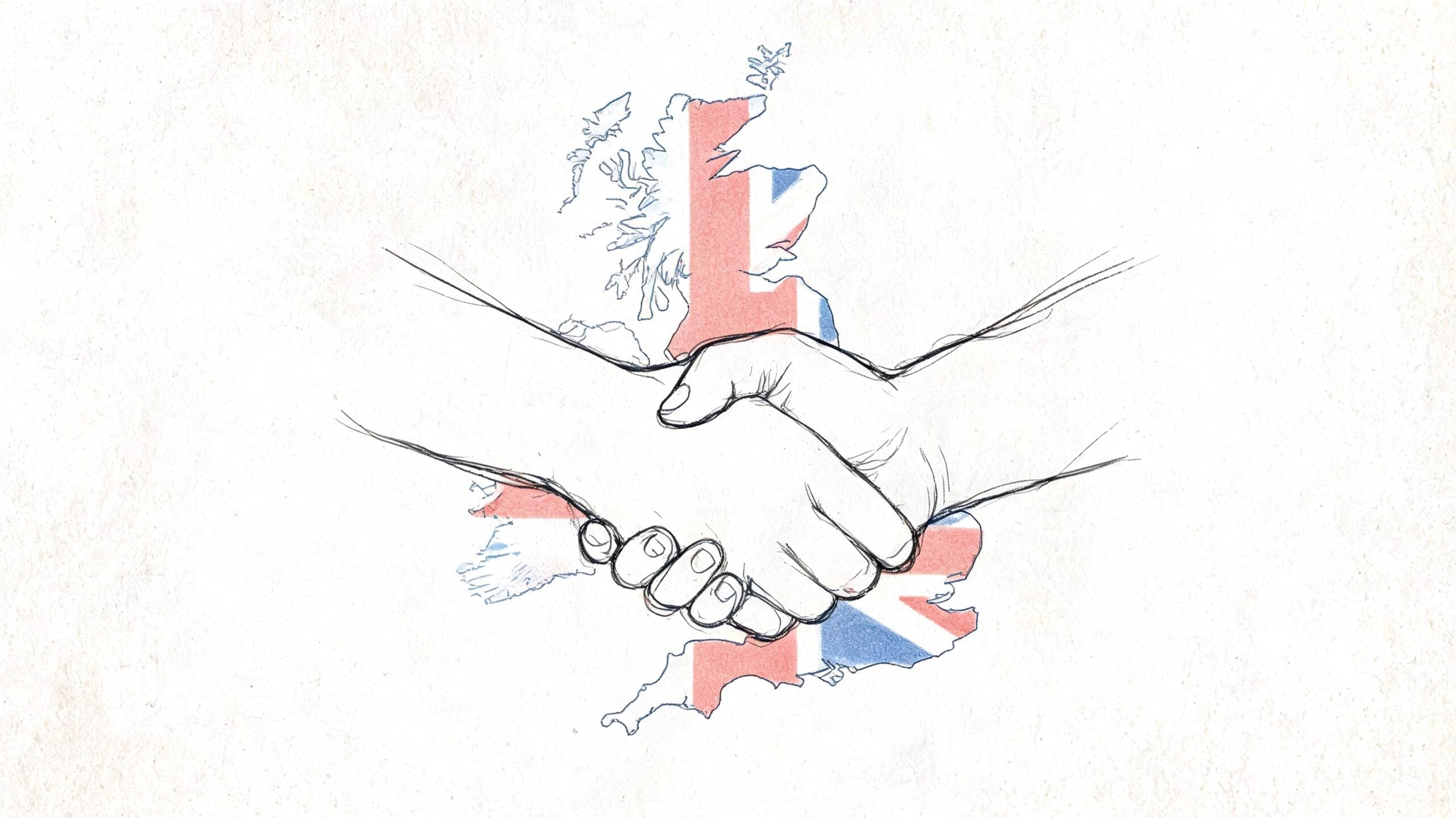 A hand-drawn sketch of a handshake placed over a map of the United Kingdom colored like a flag.