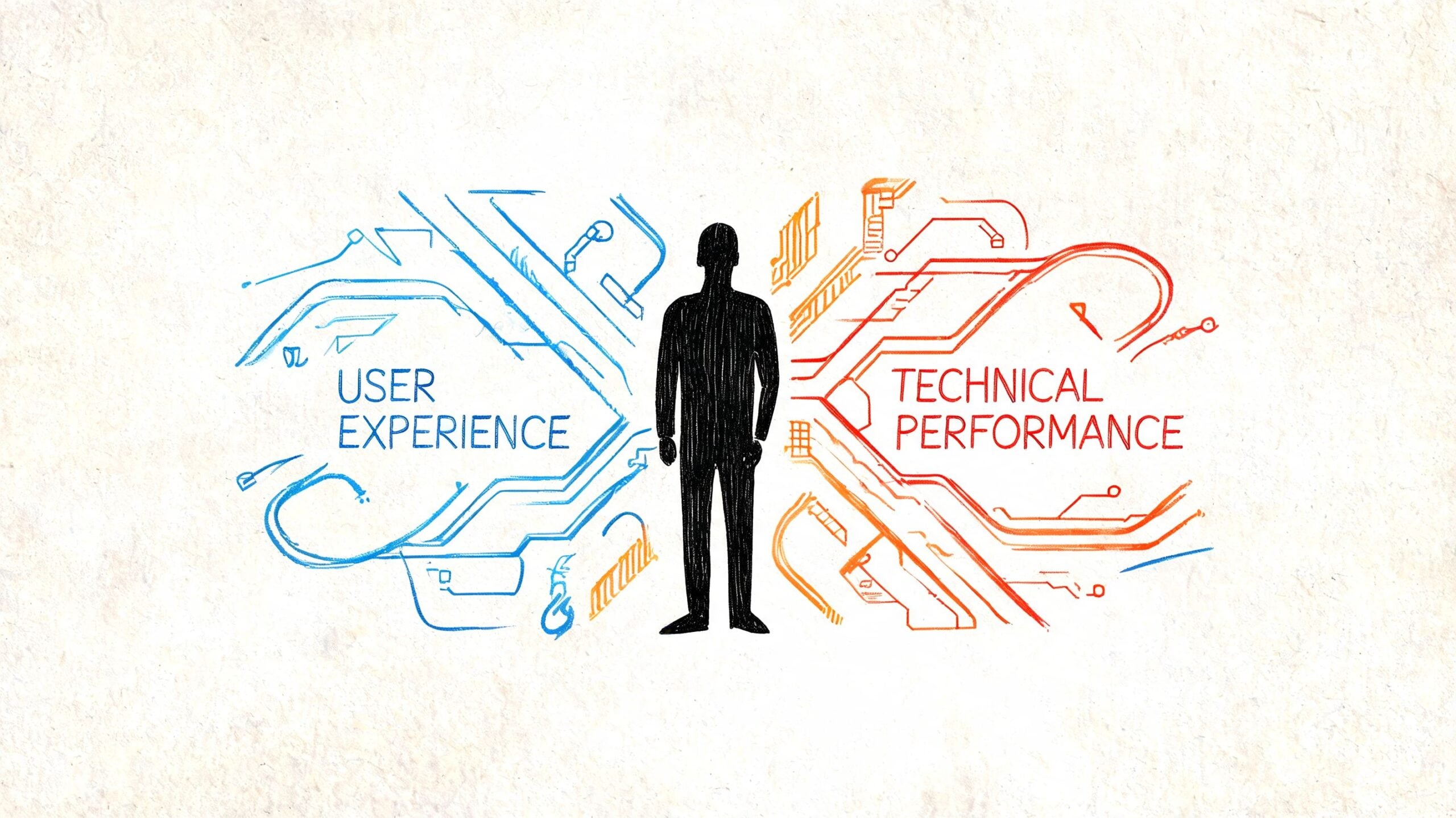 A conceptual illustration showing a silhouette of a person between user experience and technical performance elements.
