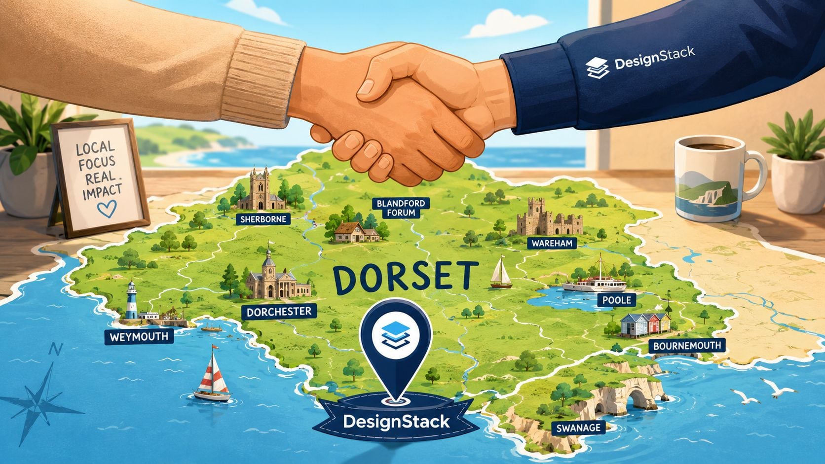 A handshake above an illustrated map of Dorset highlighting local towns with a DesignStack branding overlay.