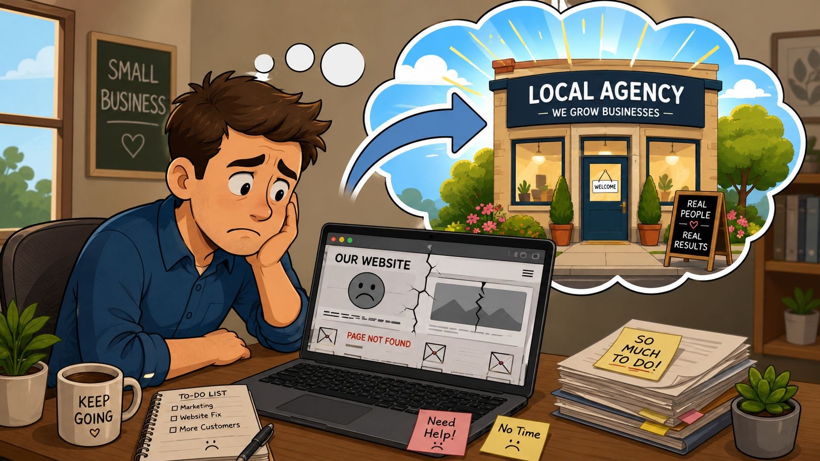 A frustrated small business owner looking at a broken website while dreaming of a successful local agency.