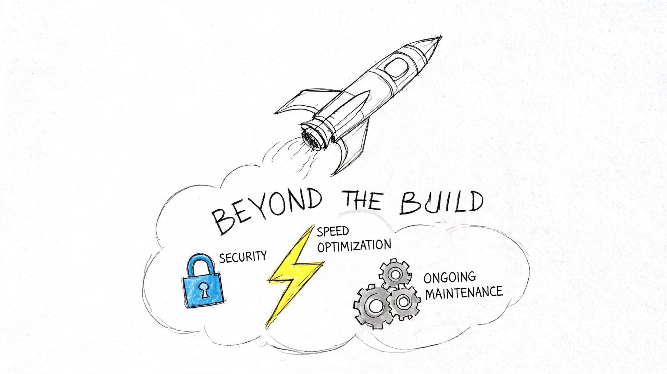 A hand-drawn illustration showing a rocket taking off above a cloud labeled Beyond the Build with icons.