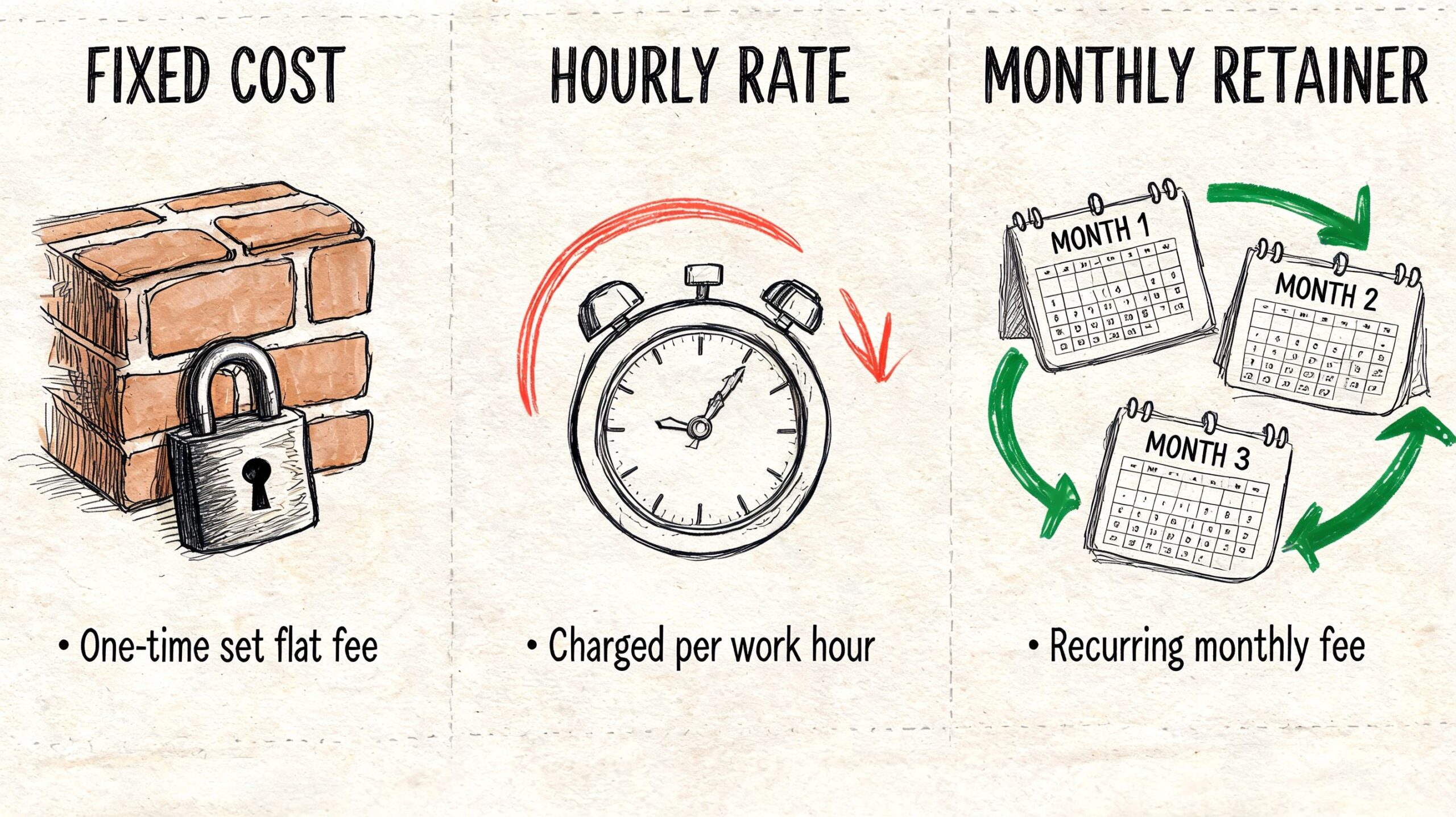 An illustration showing three pricing models for services including fixed cost, hourly rate, and monthly retainer.