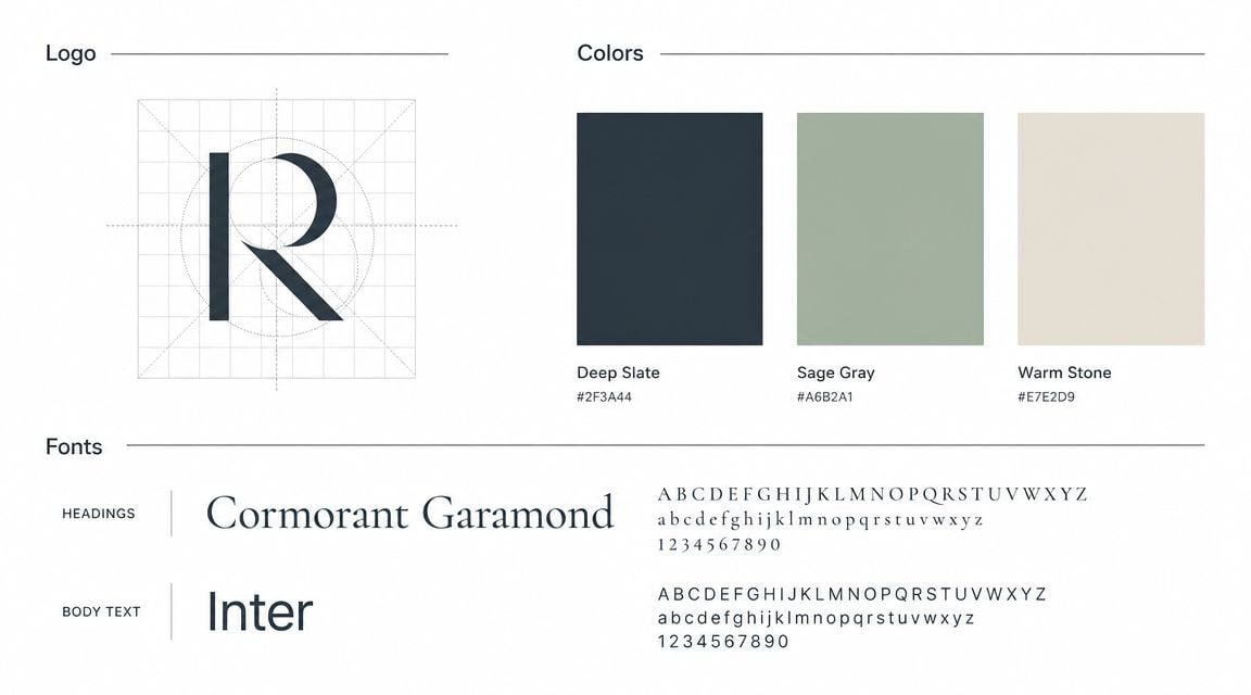 A visual branding style guide featuring a letter R logo, color palette, and two typography choices.