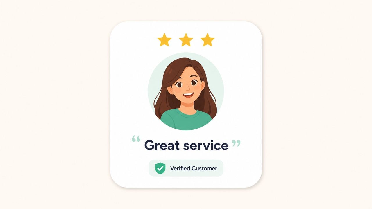 A testimonial card featuring a smiling woman avatar, three yellow stars, and a verified customer badge.