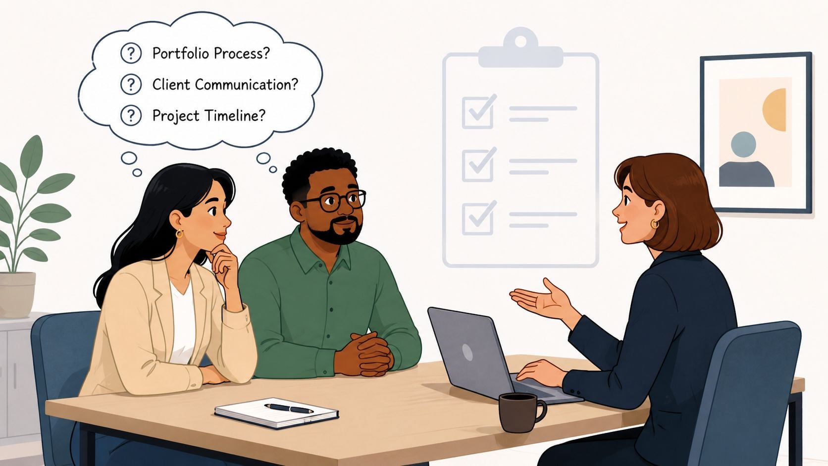 A professional business meeting featuring two clients listening to a creative consultant explain project details.