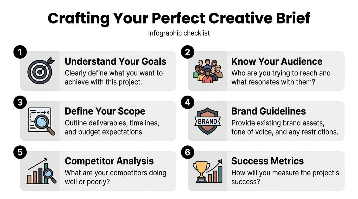A creative brief infographic checklist illustrating six essential steps for planning a successful marketing or design project.
