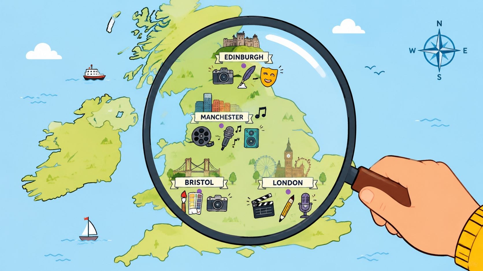 A magnifying glass highlighting creative cities of Edinburgh, Manchester, Bristol, and London on a map of the UK.