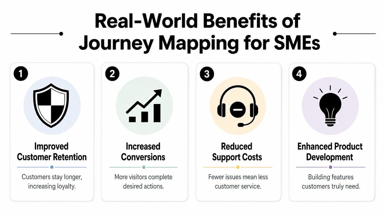 An infographic detailing four main benefits of customer journey mapping for small and medium-sized enterprises.