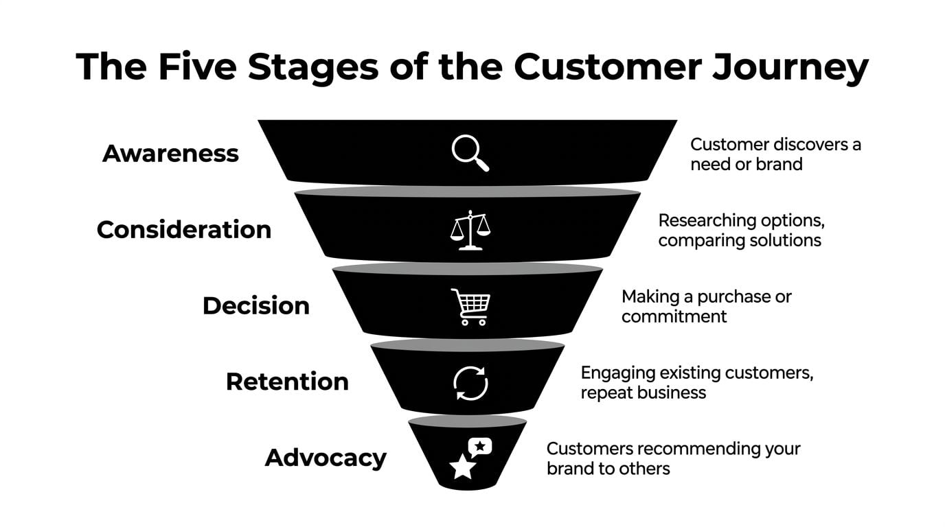 A funnel diagram illustrating the five stages of the customer journey from awareness to advocacy.