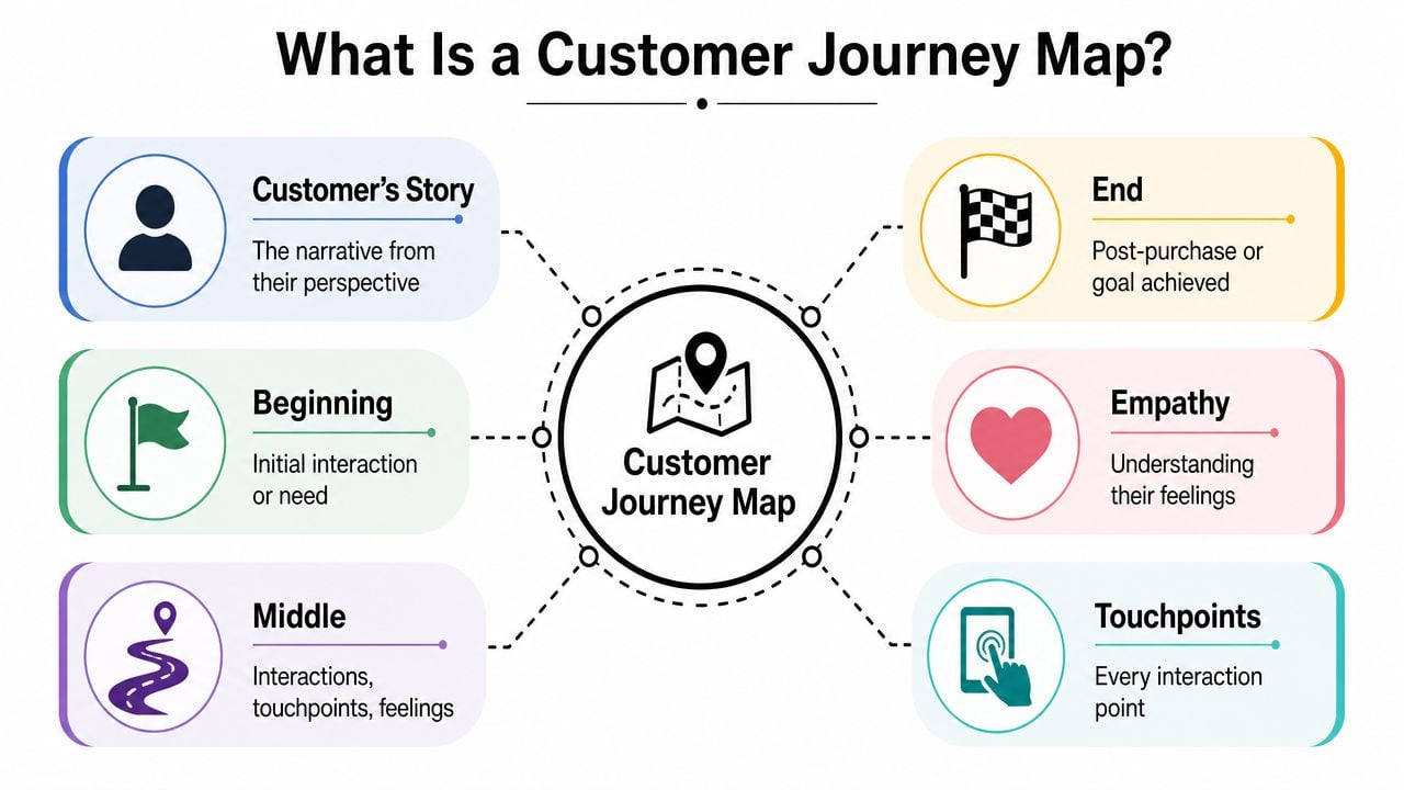 An infographic titled What Is a Customer Journey Map showing key components like narrative, beginning, middle, end, empathy, and touchpoints.