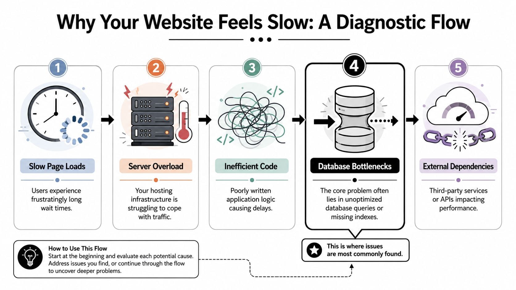A five-step flowchart illustrating common causes of slow website performance, from server overload to database bottlenecks.