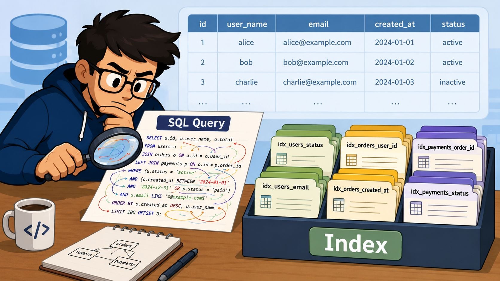 A developer with a magnifying glass examining complex SQL database query code and performance indexes.