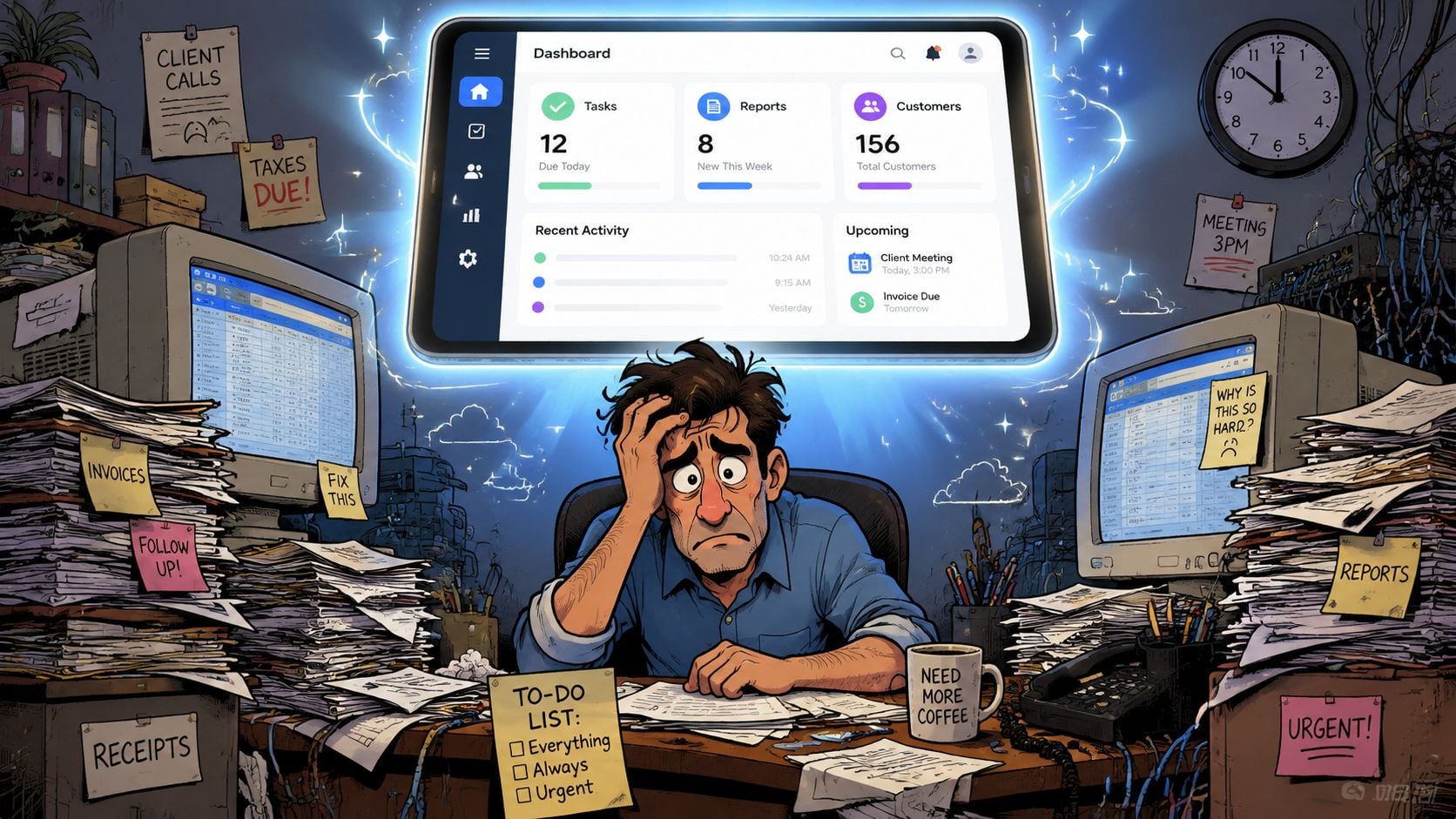 Stressed office worker buried in paperwork looking at a glowing digital dashboard on a modern tablet.