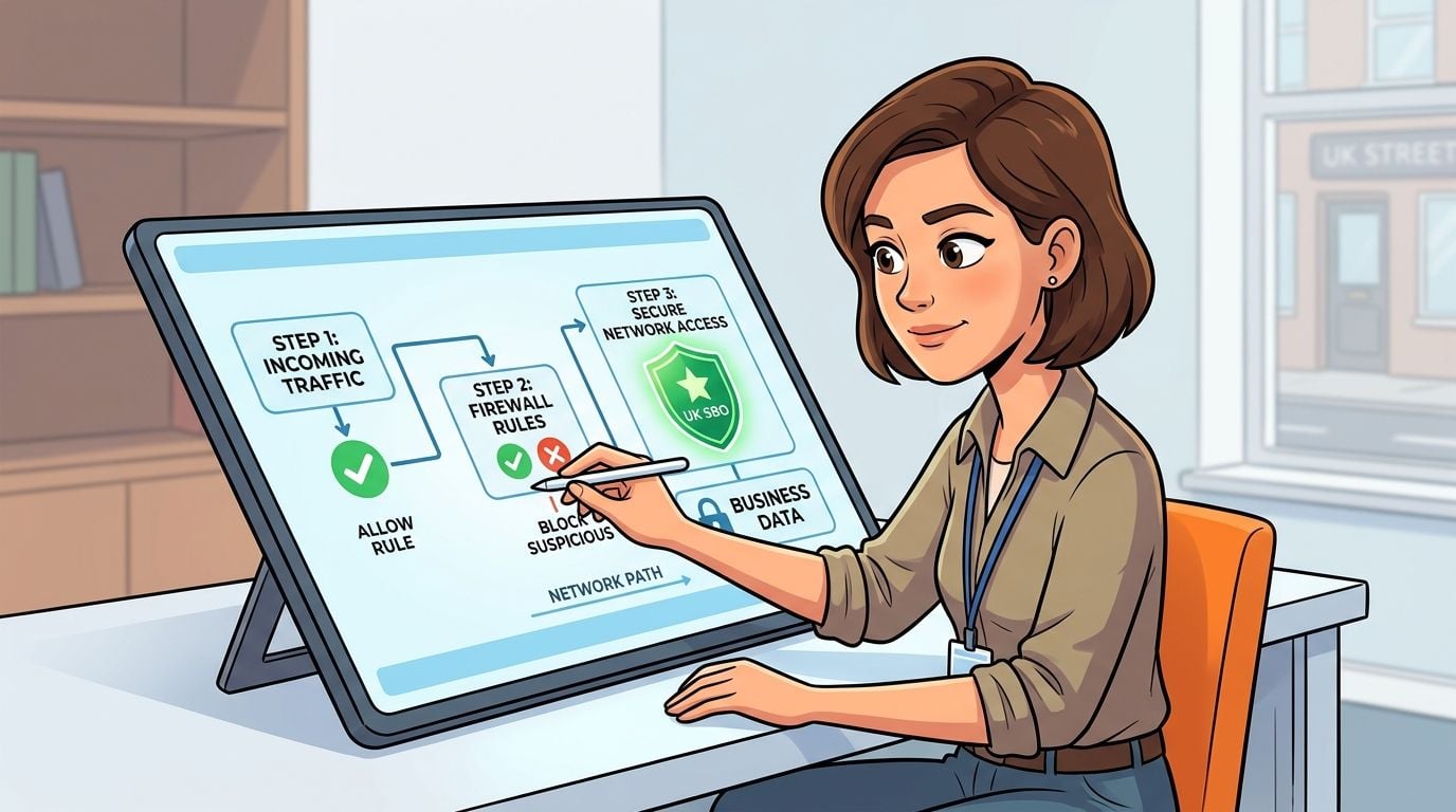 A woman interacting with a digital display showing a three-step network firewall configuration and security process.