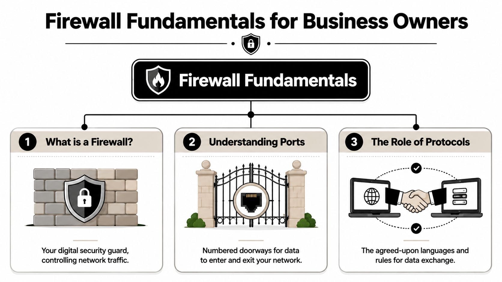 An infographic explaining firewall fundamentals for business owners including network security, ports, and data communication protocols.