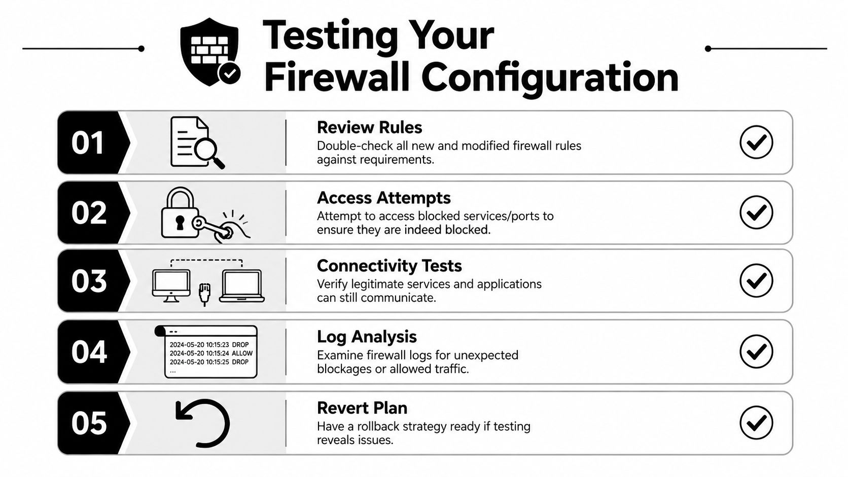 A five-step infographic guide illustrating the best practices for testing and verifying new firewall configurations.