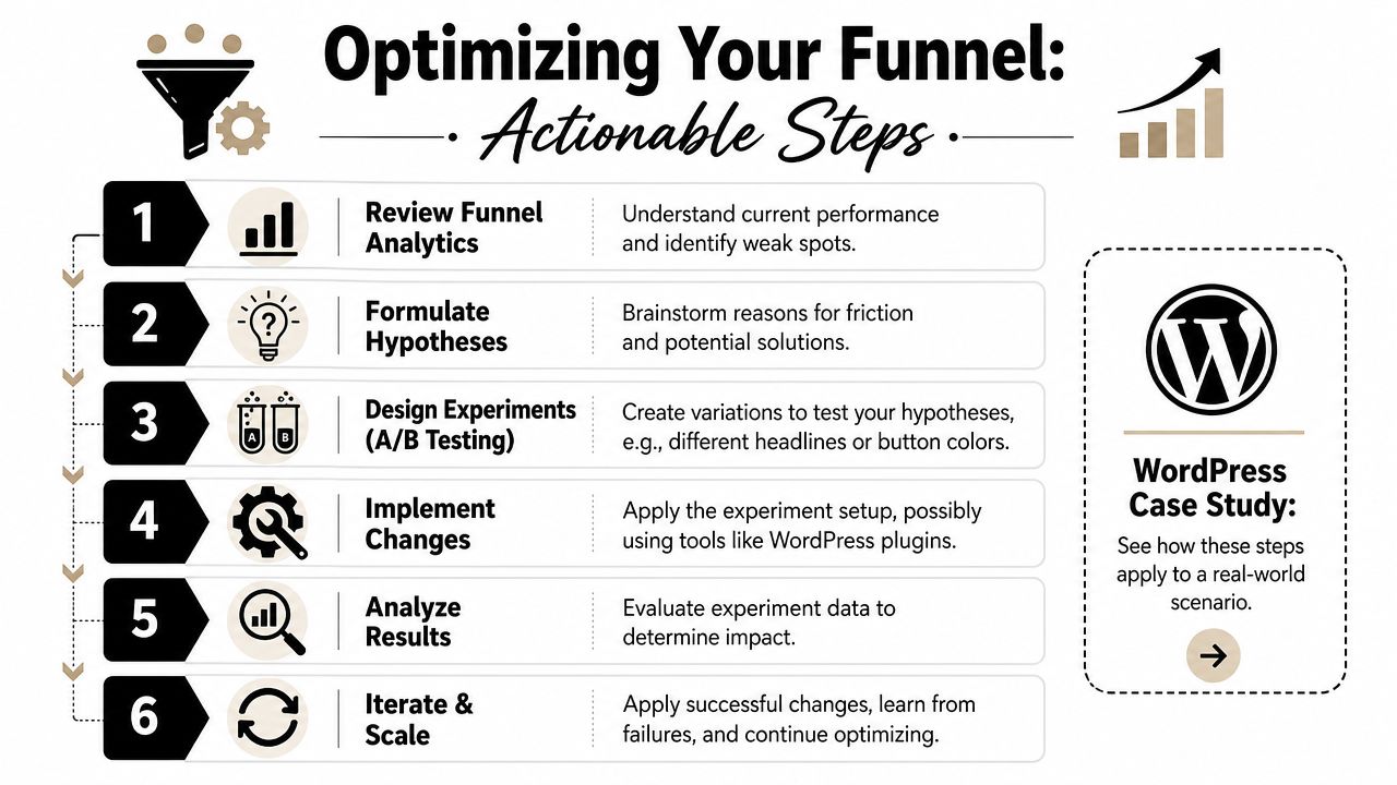 An infographic showing six numbered steps to optimize a marketing funnel for better performance and growth.