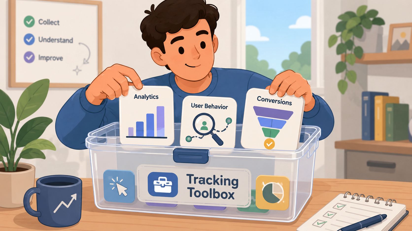 A cartoon man organizing marketing analytics and funnel conversion icons into a clear plastic tracking toolbox.