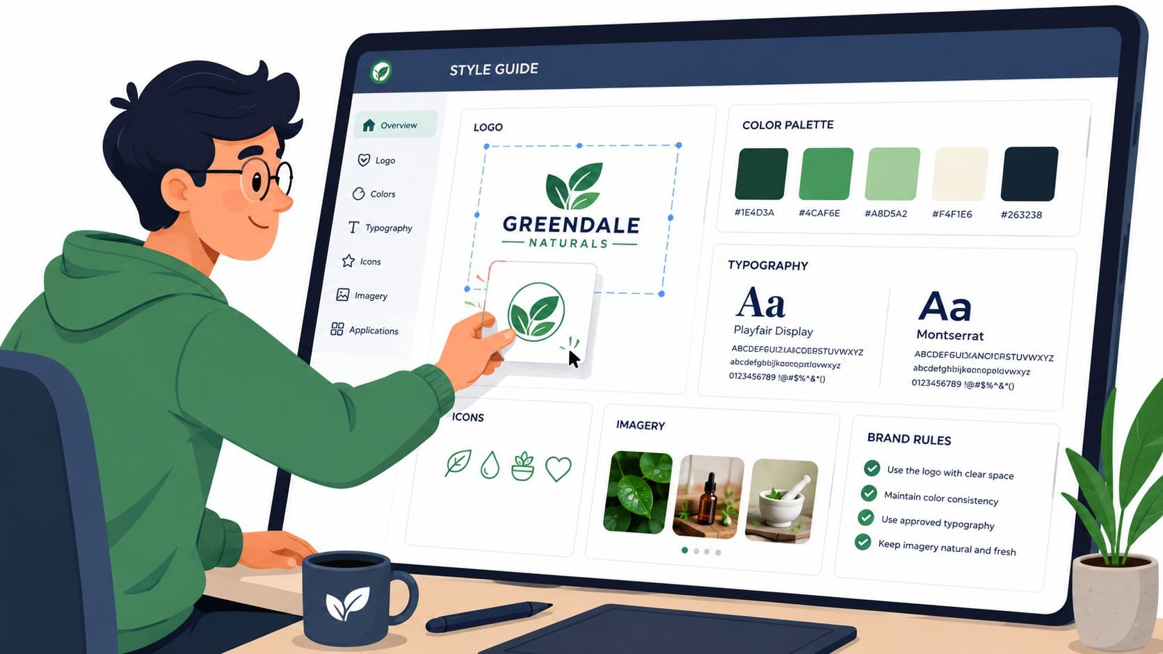 A digital designer working on a brand style guide for Greendale Naturals on a large computer screen.
