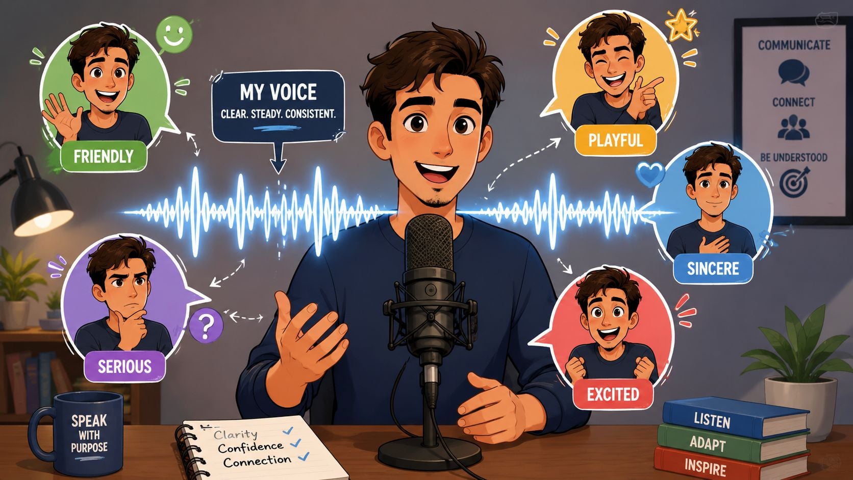 A male creator recording with a microphone, demonstrating various vocal tones like friendly, playful, sincere, and excited.