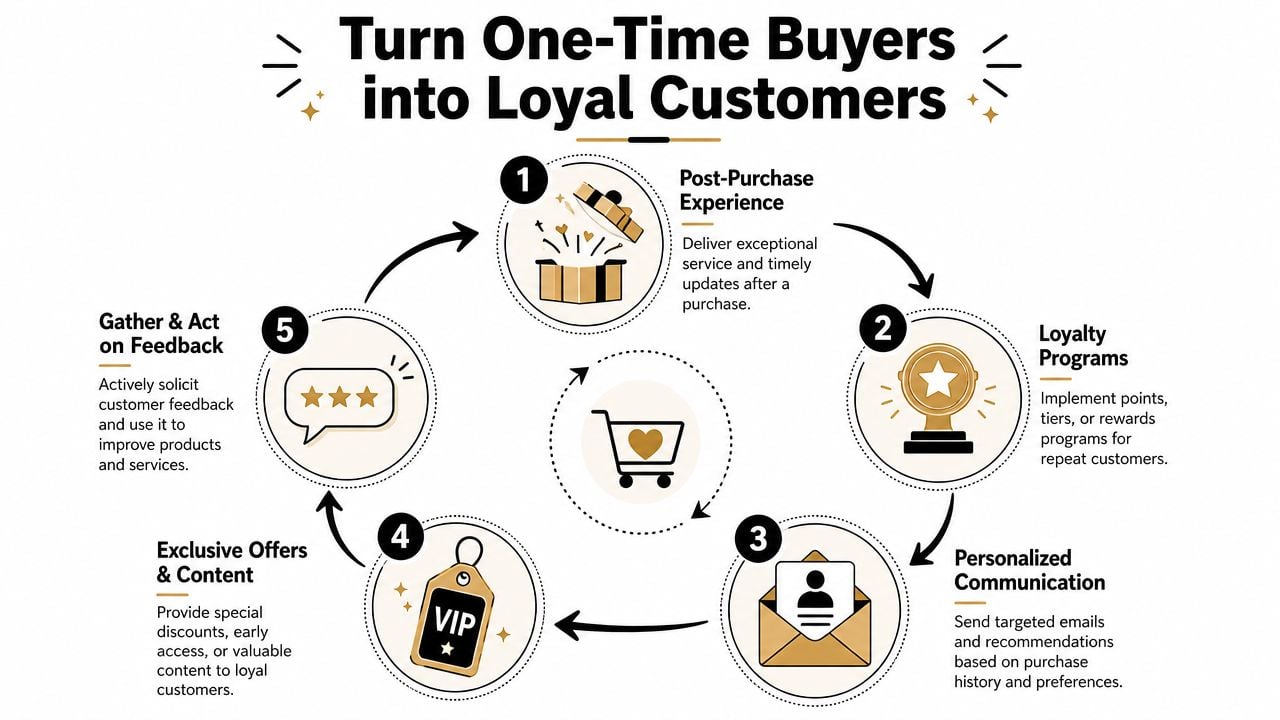 A five-step infographic showing strategies to turn one-time buyers into loyal ecommerce customers.