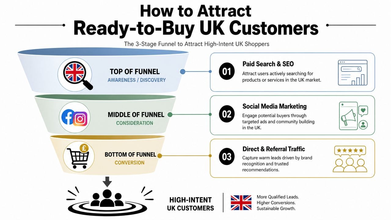 A marketing funnel infographic illustrating three stages to attract ready-to-buy high-intent customers in the UK market.