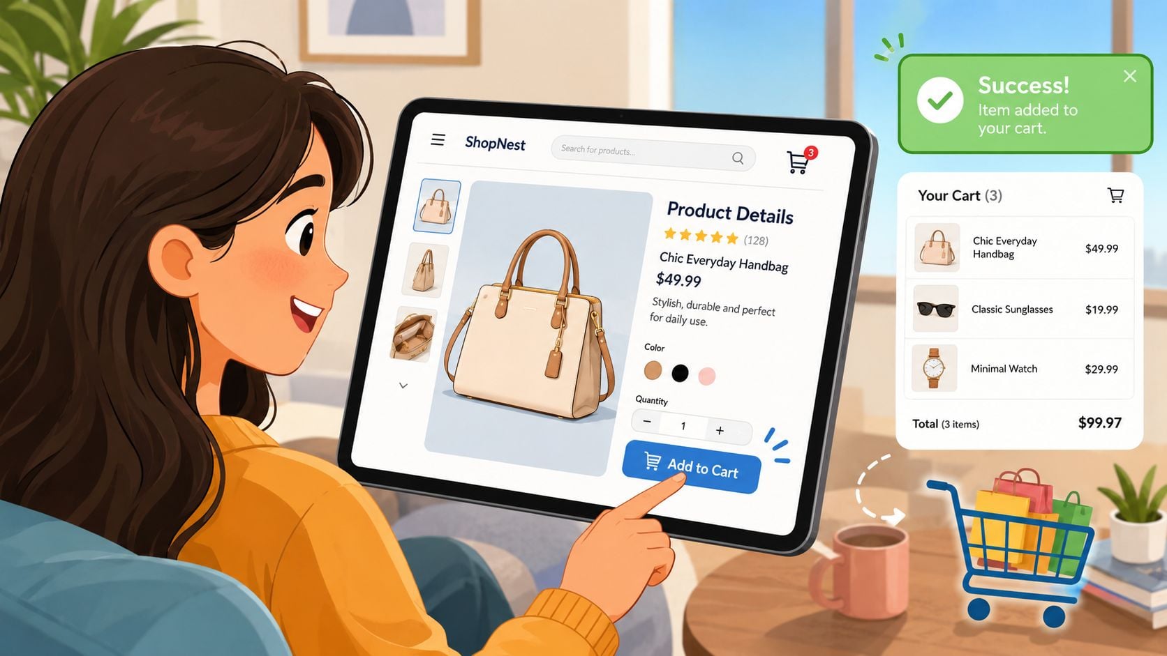 A woman shopping online for a handbag on a tablet device in a cozy room setting.