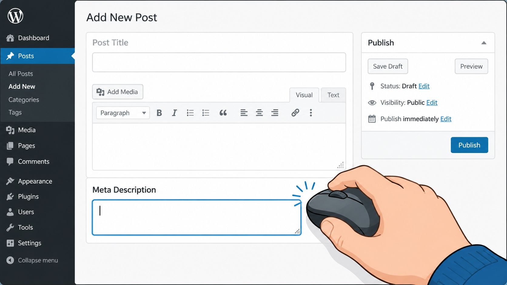 A hand using a computer mouse to click into the meta description field on a WordPress blog post.
