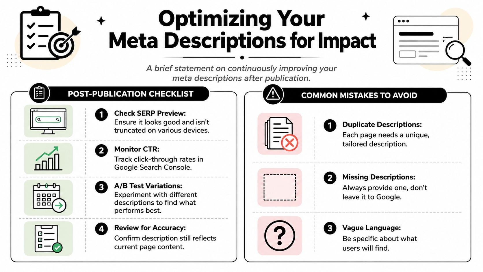 An infographic titled Optimizing Your Meta Descriptions for Impact, showcasing a checklist and common mistakes to avoid.