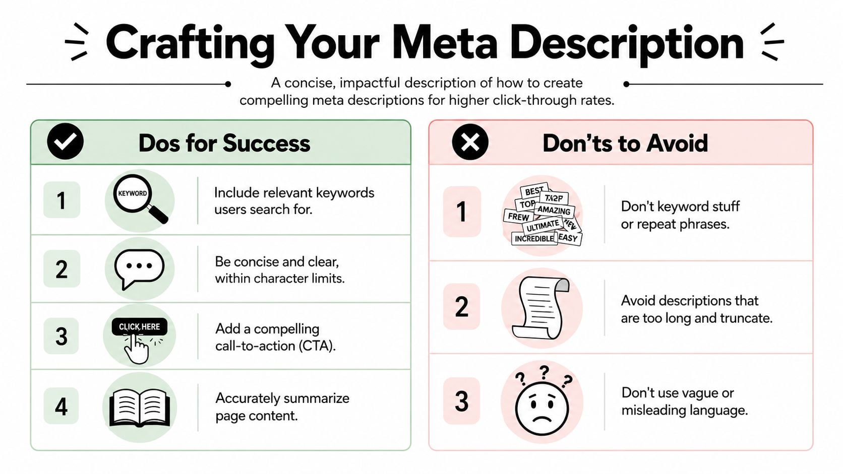 An infographic titled Crafting Your Meta Description showing a list of dos and don'ts for SEO success.