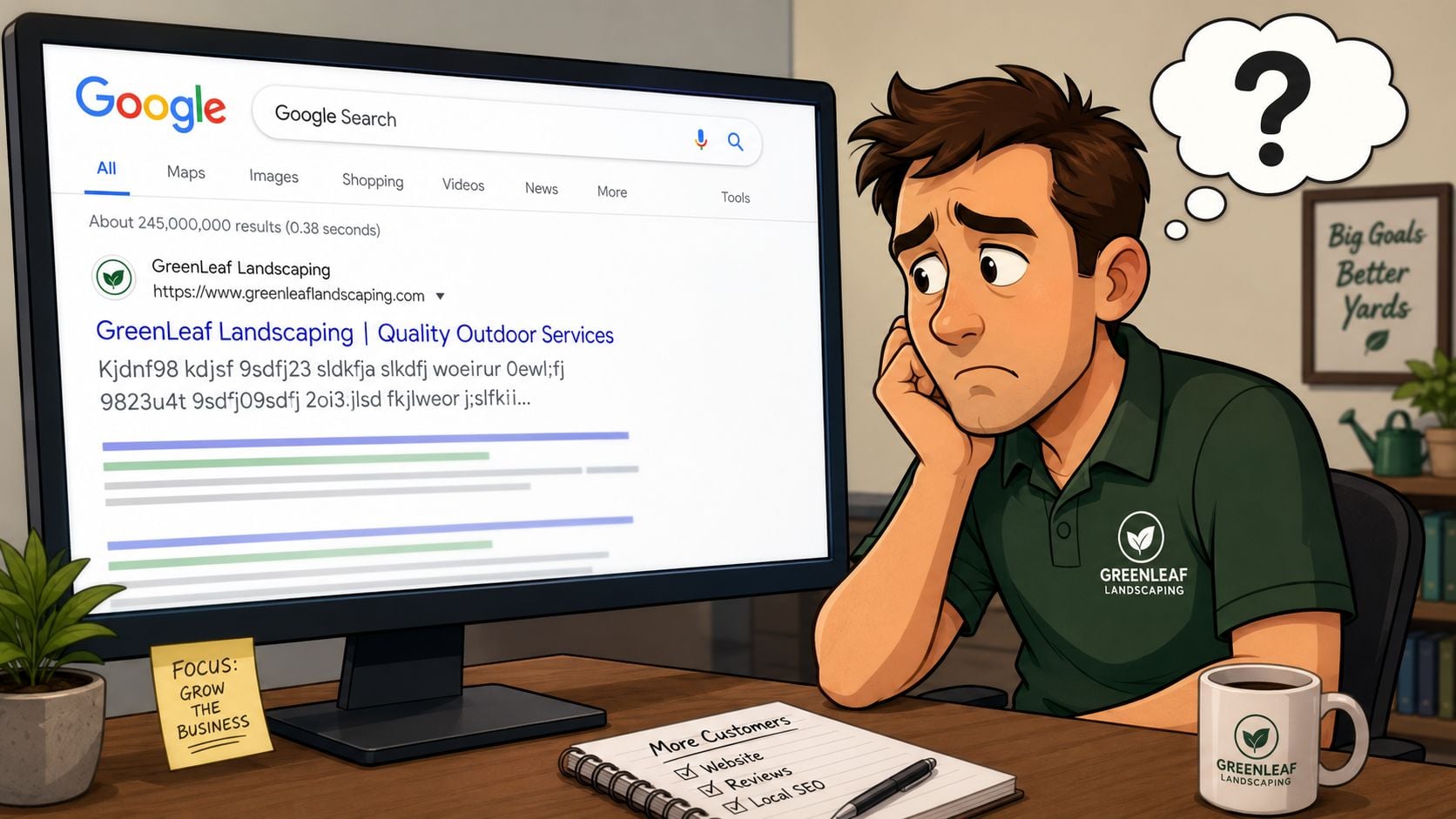 A concerned business owner looking at a poorly optimized Google search result for his landscaping company website.