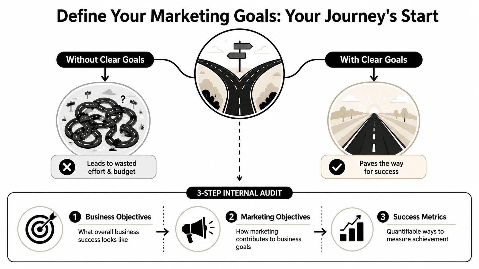 An infographic illustrating how setting clear marketing goals leads to business success through an internal audit process.