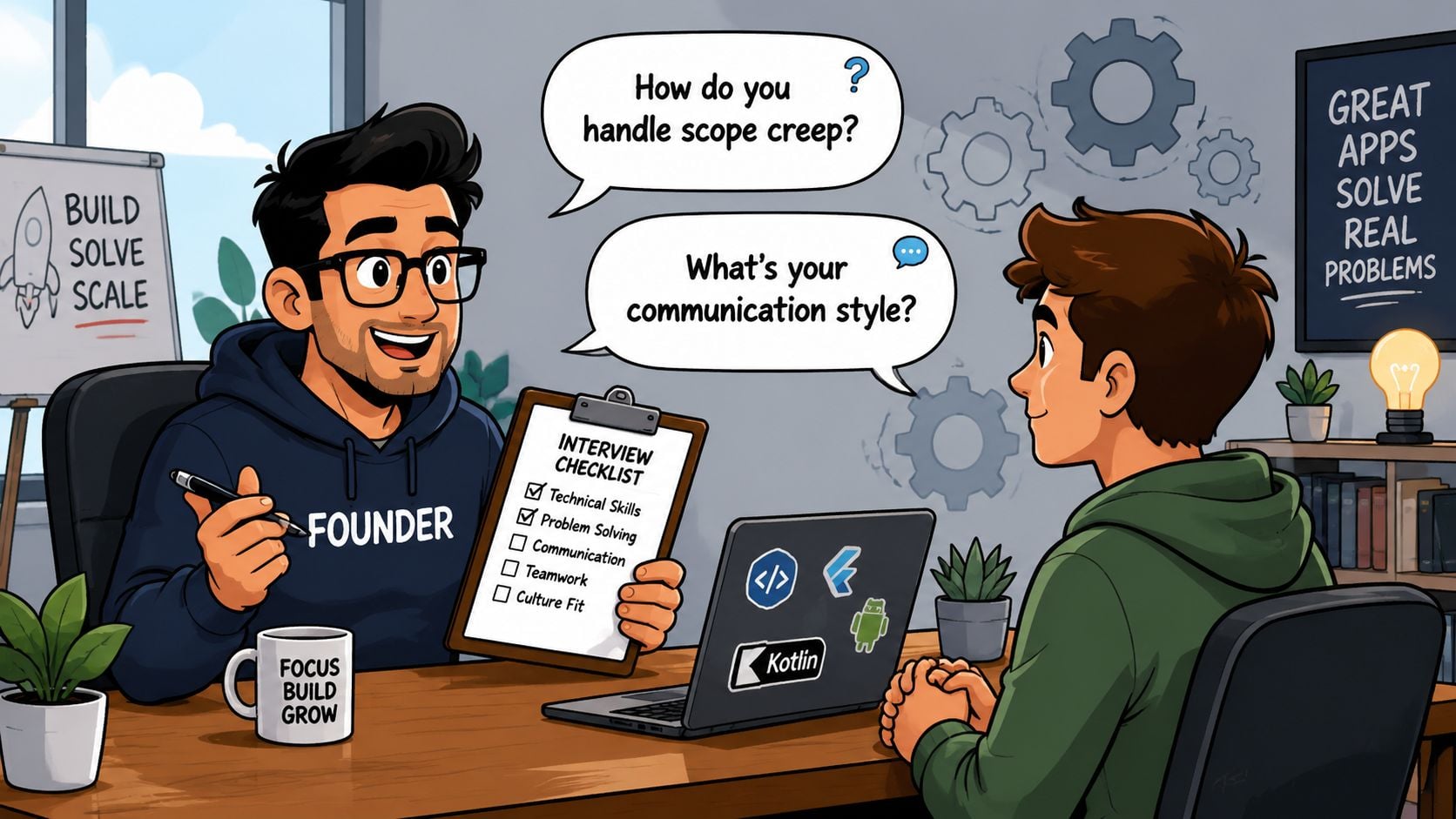 A startup founder interviewing a developer for a job position with a checklist on a clipboard.