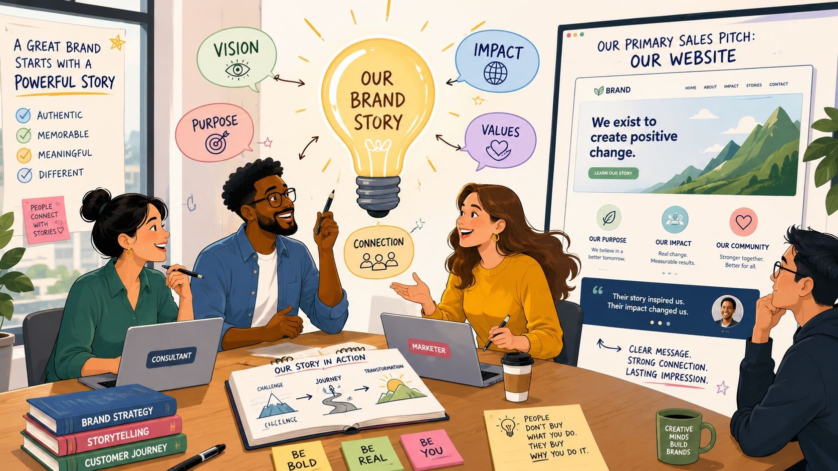 A professional team collaborating on brand strategy and website design in a creative office meeting space.