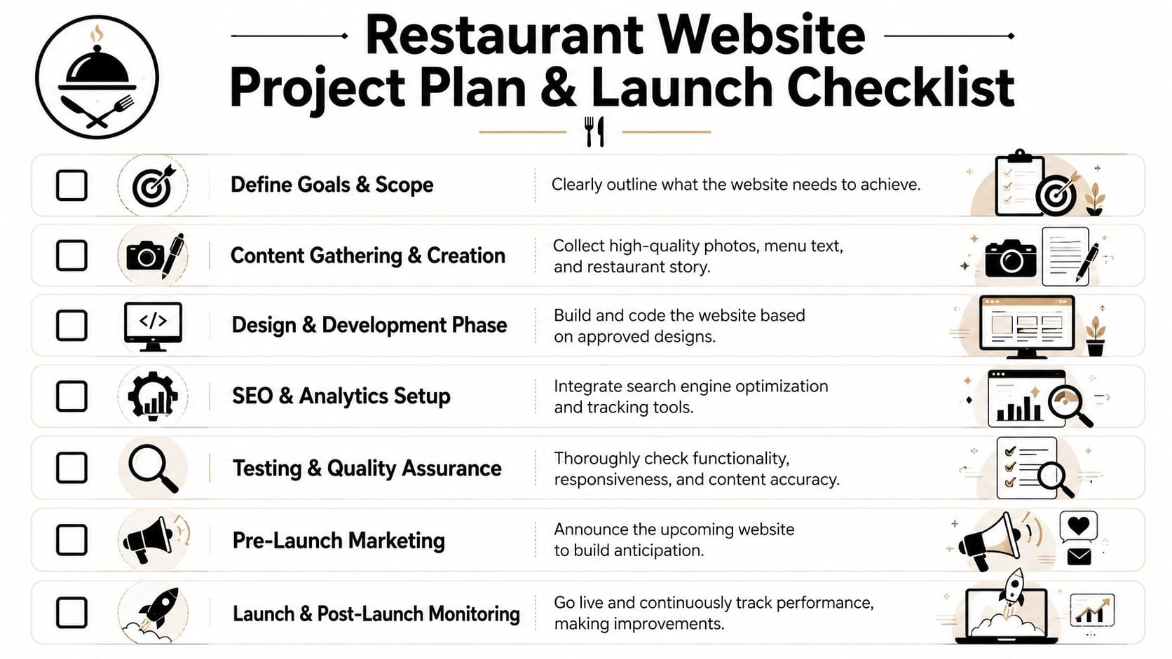 A checklist infographic outlining seven essential steps for developing and launching a professional restaurant website.