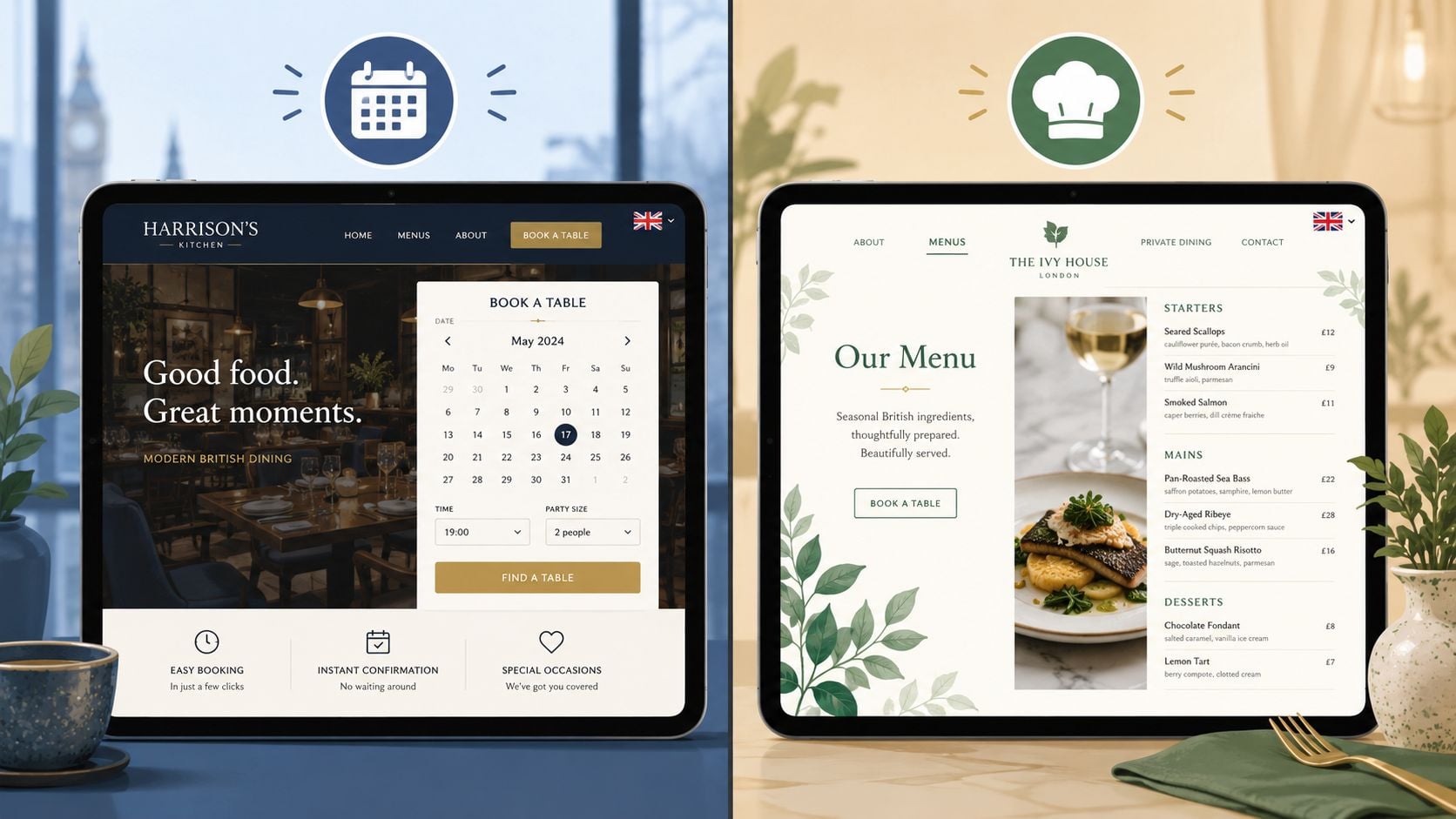 Two tablets displaying professional restaurant website designs for online table booking and digital menu presentation.