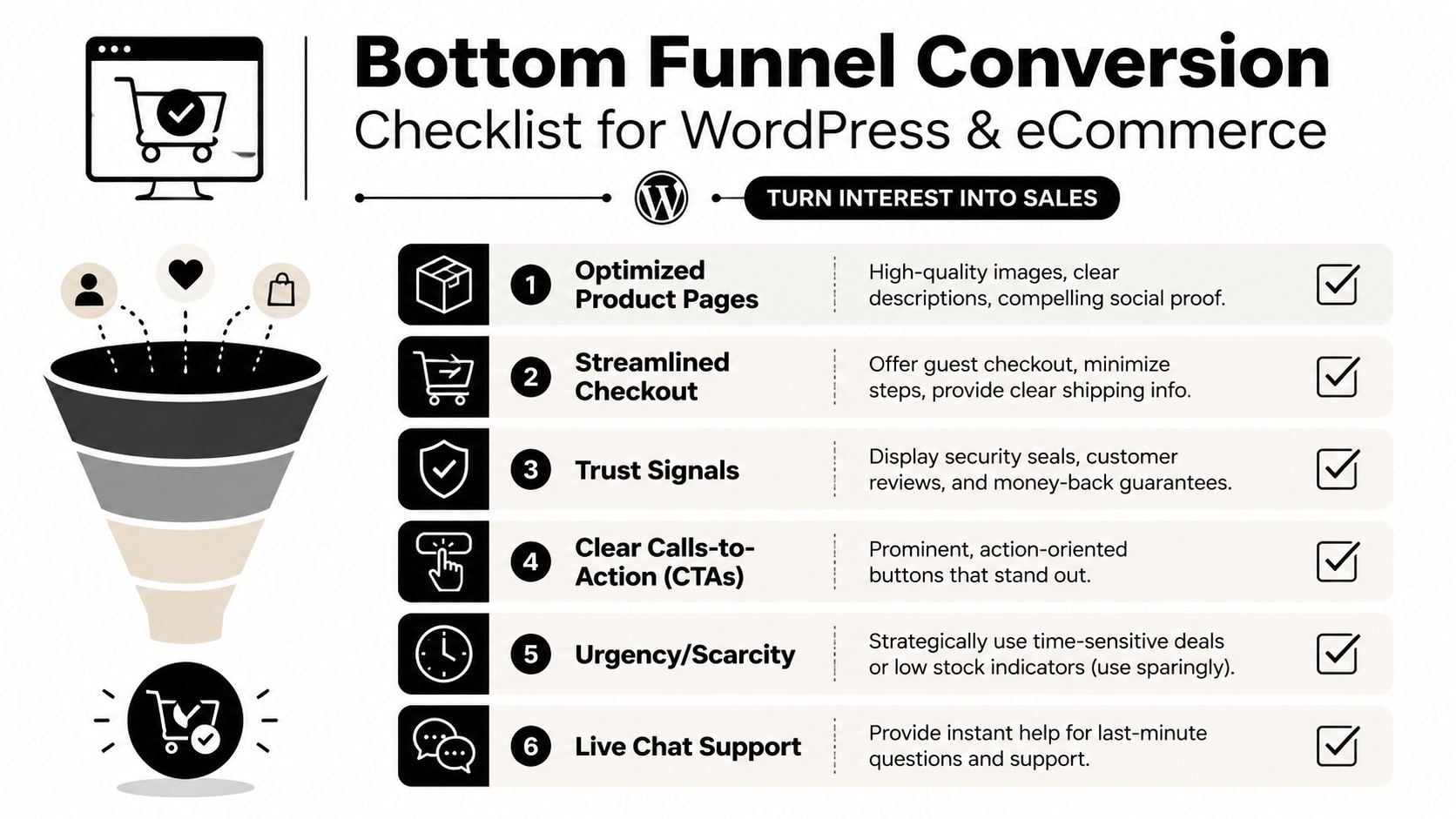A checklist infographic illustrating six essential strategies to optimize bottom-of-funnel conversions for WordPress and eCommerce stores.