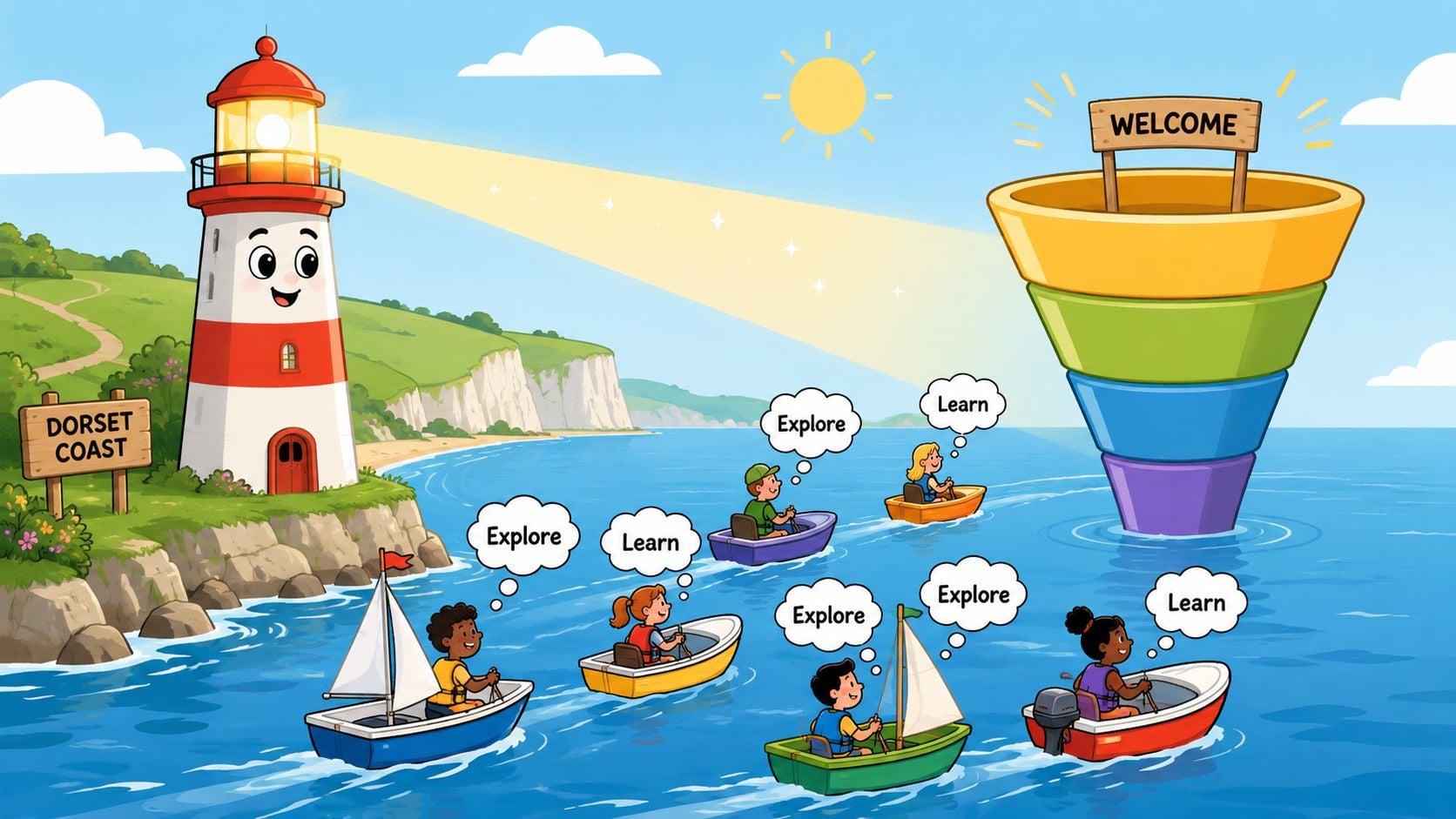 A cartoon illustration showing children in boats traveling toward a colorful sales funnel near a lighthouse.