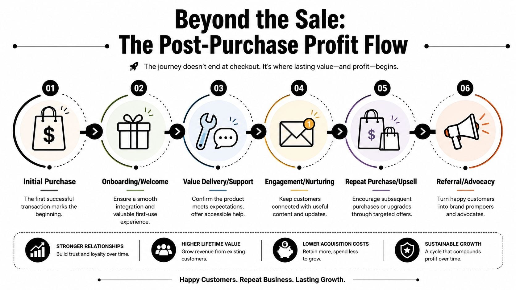 A six-step diagram illustrating the post-purchase profit flow, highlighting customer retention and business growth strategies.