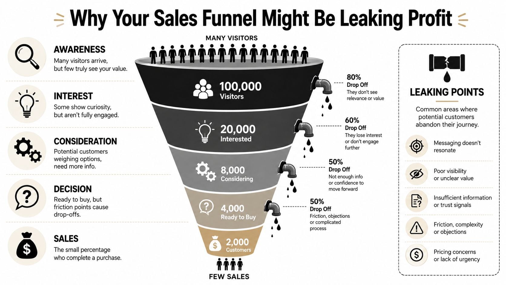 An infographic illustrating a sales funnel diagram showing how potential customers drop off at different stages.
