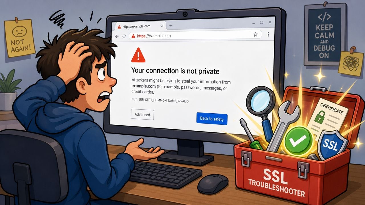 A frustrated user looking at a computer screen displaying a connection is not private browser error message.