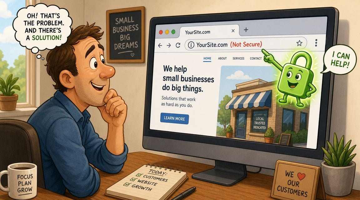 A man observing a computer screen showing a website that needs an SSL certificate installation.