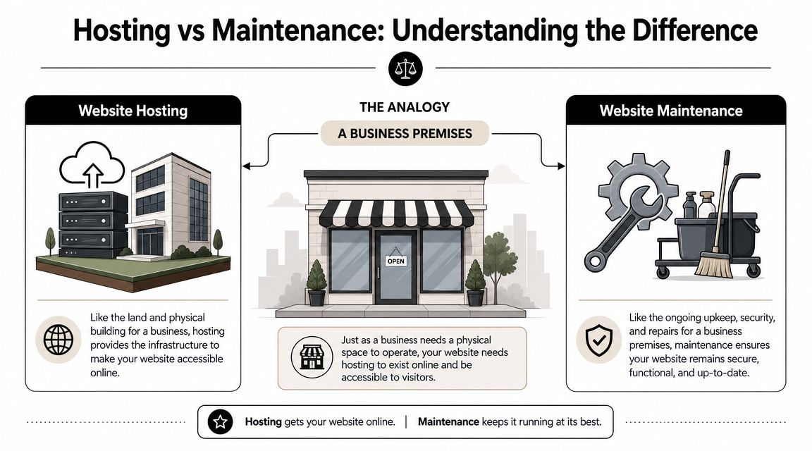 An infographic comparing website hosting to website maintenance using a business premises analogy for easy understanding.