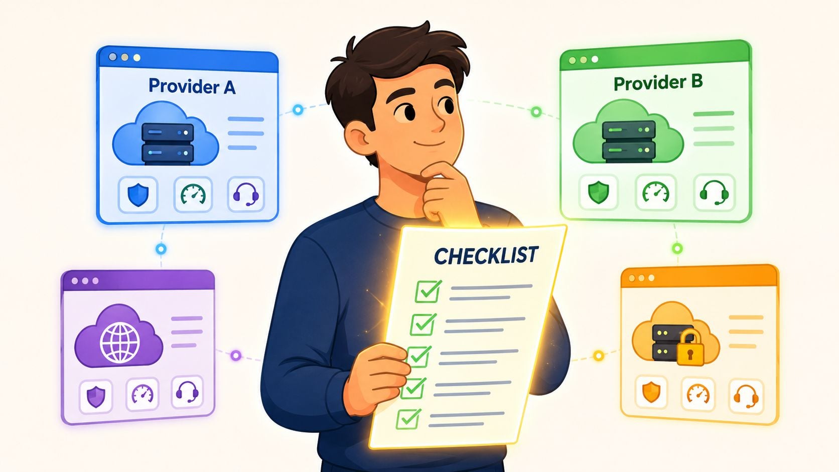 A person evaluating different cloud hosting service providers while reviewing a completed task checklist.