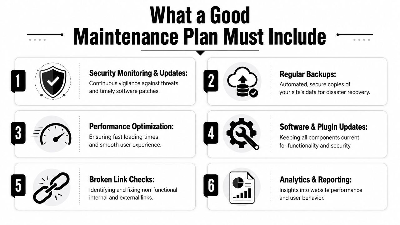 An infographic titled What a Good Maintenance Plan Must Include, listing six essential website maintenance tasks.