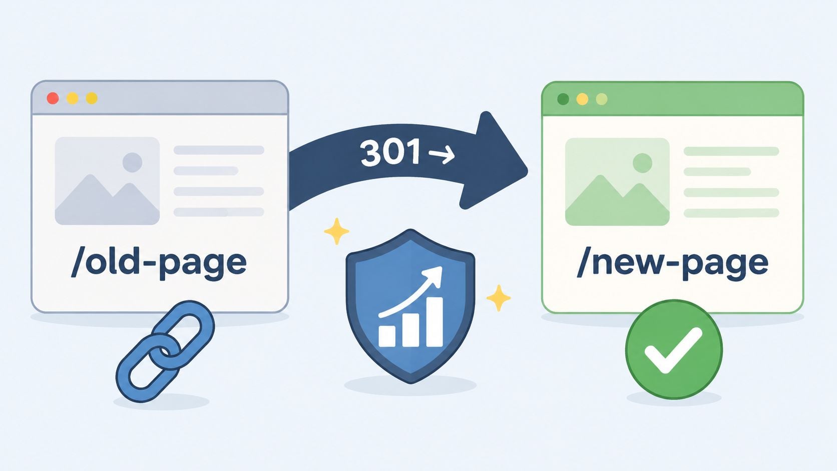 A diagram illustrating a 301 redirect from an old URL to a new URL, preserving SEO authority.
