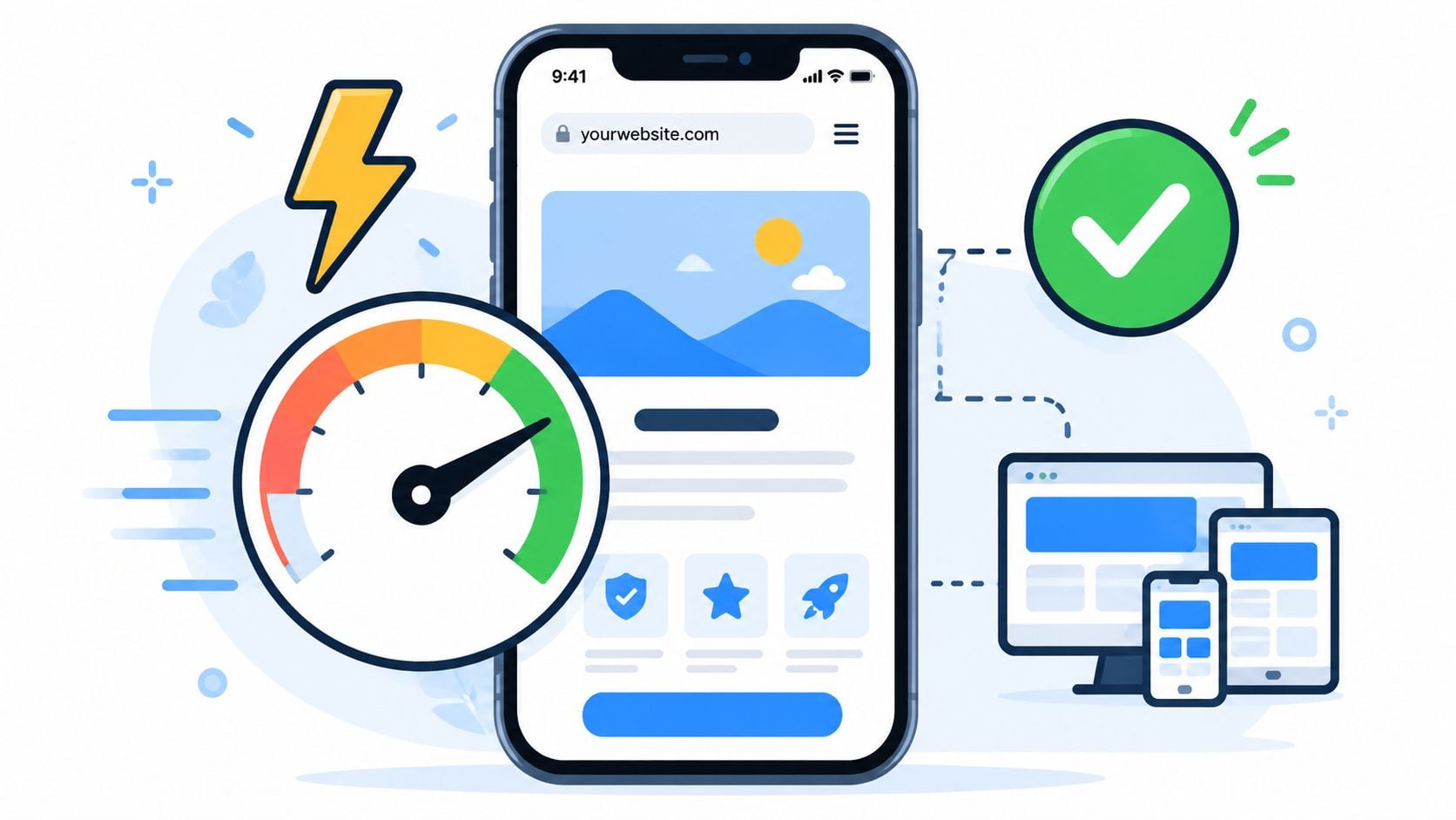 A smartphone display showing website performance metrics with speed gauge and checkmark optimization icons.